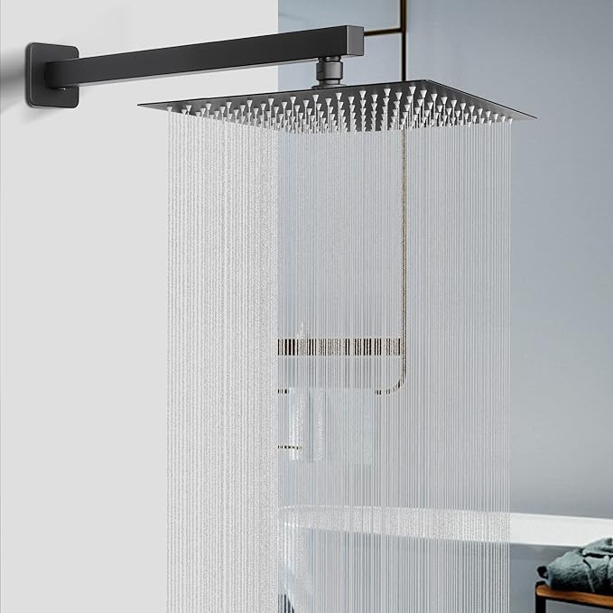 HarJue Shower Head with Extension Arm, High Pressure Square with ShowerArm, Stainless Steel Rainfall-Waterfall Full Body Coverage (10'' Shower with 16'' Arm, Matte Black)
