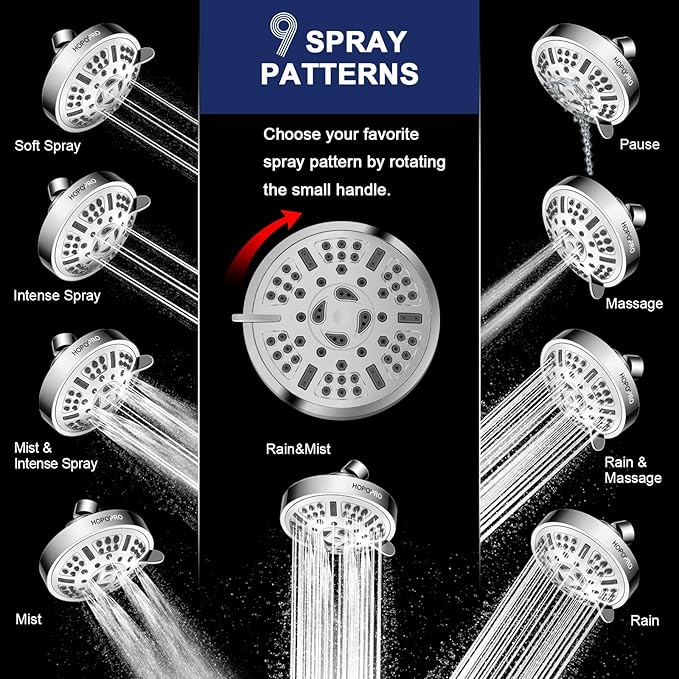 HOPOPRO Upgraded 9 Settings High Pressure Shower Head, NBC News Recommended Brand Fixed Showerhead Adjustable Bathroom Showerhead Multi-functional Rainfall Showerhead for Low Water Flow (Chrome)