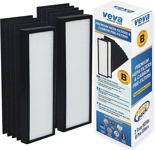 Veva HEPA Filter B Replacement, Compatible with Germ Guardian AC4825, AC4900CA, AC4850PT, AC4820 Air Purifier and FLT4825. Pack of 2 HEPA Filters / 8 Carbon Pre-Filters