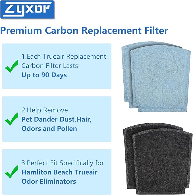 04234G 04530GM TrueAir Replacement Carbon Filter Compatible with Halmilton Beach TrueAir Odor Eliminators Model 04230G, 04231GW, 04384, 04386, 04350G, 04351GM, 04352GM, 4 Pack