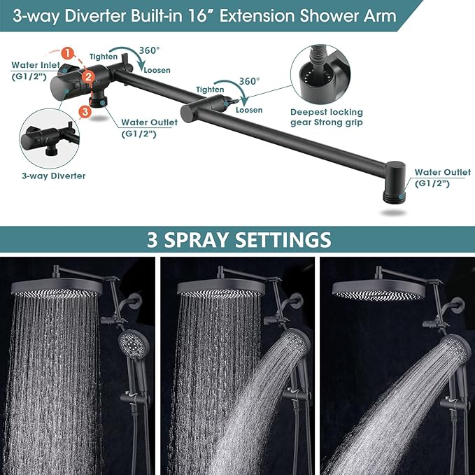 14" x 8" Rectangle High Pressure Rainfall Shower Head with Handheld Combo, 6 Setting Handheld Shower Head, Adjustable Height Shower Extension Arm and Slide Bar for Easy Reach - Matte Black