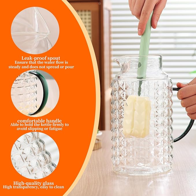 2 Pack 68oz/2L Glass Pitchers with Lids - Borosilicate Heat Resistant, Water Pitcher with Green Handle for Fridge, Iced Tea, Cold Brew & Lemonade - Home Kitchen Essential