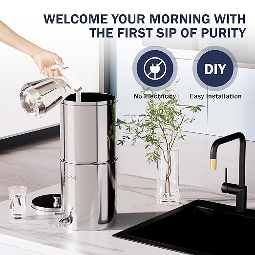 Frizzlife 2.25G Gravity-fed Water Filter System, NSF/ANSI 42&372 Standards, Countertop Water Filter Reduces Chlorine, Bad Taste & Odor, 304 Stainless Steel Countertop System for Home, Emergency, G210