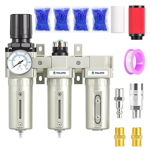 TAILONZ PNEUMATIC 0-240PSI 1/2 Inch NPT Industrial Grade Three Stage Air Drying System, Particulate Filter, Coalescing Filter, Desiccant Dryer and Air Regulator (Manual Drainage)