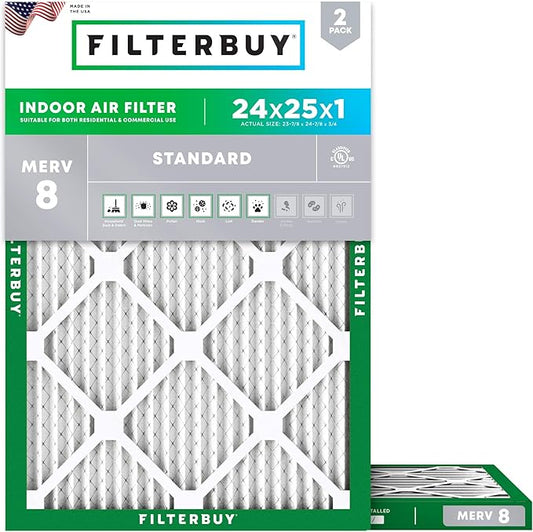 Filterbuy 24x25x1 Air Filter MERV 8 (MPR 700) Dust Defense Replacement (2-Pack), Electrostatic Pleated HVAC AC Furnace Filters, Made in USA (Actual Size: 23.88 x 24.88 x 0.75)