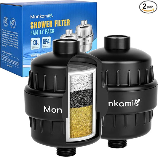 Heavy Duty Shower Filter - Monkami High Pressure Shower Head Filter For Hard Water, 99% Removal Chlorine, Fluoride & Heavy Metals - Matte Black (2 QTY, HD-SF500)