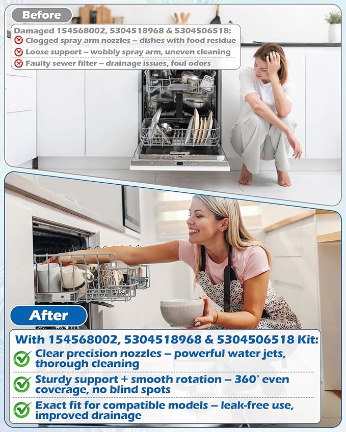 154568002 Dishwasher Lower Spray Arm -Complete with 5304518968 Support & 5304506518 Filter-Compatible with Frigidaire Electrolux Dishwasher Bottom Lower Spray Arm 154250901 154414101 5304517203