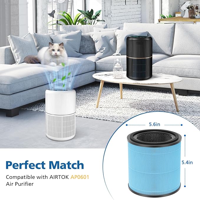 AP0601 Replacement Filters Compatible with AIRTOK Air Puri-fier, 4-in-1 H13 True HEPA Filters, High-Efficiency Activated Carbon Filter, AP0601-RF 2 Pack