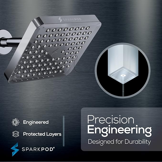 SparkPod Shower Head - High Pressure Rain - Premium Quality Luxury Design - 1-Min Install - Easy Clean Adjustable Replacement for Your Bathroom Shower Heads (Charcoal Grey, 6 Inch Square)