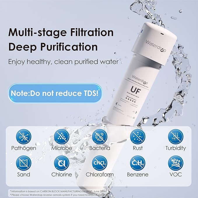 Waterdrop 17UBW-UF 0.01 μm Ultra Filtration Under Sink Water Filter System for Baçtёria Reduction, Reduces Lead, Chlorine, Bad Taste & Odor, 24K Gallons, with Dedicated Brushed Nickel Faucet, USA Tech