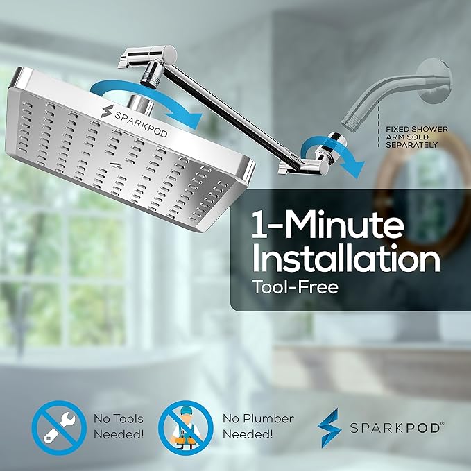 SparkPod Square Rain Shower Head with Shower Head Extension Arm - High Pressure Rain - Luxury Modern Look - No Hassle Tool-less 1-Min Installation (11" Shower Arm Extension, Luxury Polished Chrome)