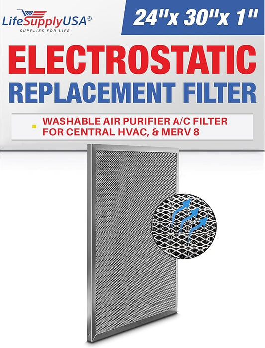 24x30x1 Electrostatic Air Filter, MERV 8, Washable, Reusable Furnace AC/HVAC Filter, Energy Saving, Easy to Clean, Long-Lasting by LifeSupplyUSA