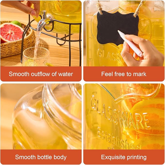 2 Gallon Glass Drink Dispensers for Parties, Beverage Dispenser with Stand, Fruit Infuser and Stainless Steel Spigot 100% Leakproof, Beverage Dispenser for Lemonade Sun Tea