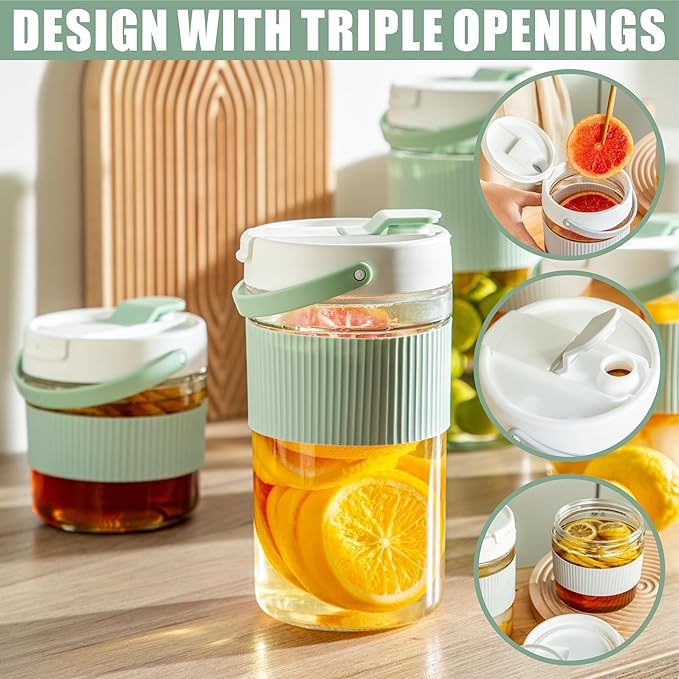 2-Pack Glass Mason Jar Water Pitcher with Lids, 54FL OZ (1600ML) - Large Wide Mouth, Pour Spout & Handle for Cold Brew Tea, Iced Coffee & Cold Drinks - Ideal for Refrigerators & Kitchens