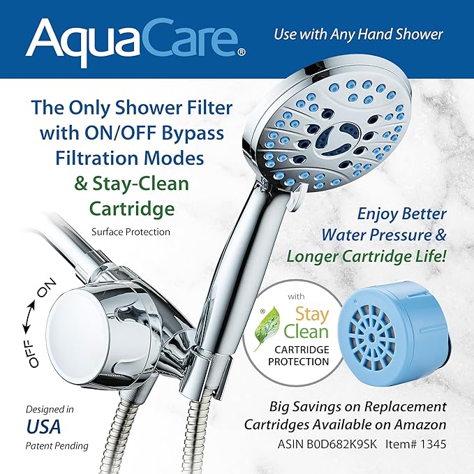Skin & Hair by AquaCare - World's Most Advanced Shower Filter for Hand Showers with ON/OFF Filtration Modes,Instant Cartridge Reload,Built-in Bracket & Stay-Clean Enriched KDF Cartridge/Chrome Finish