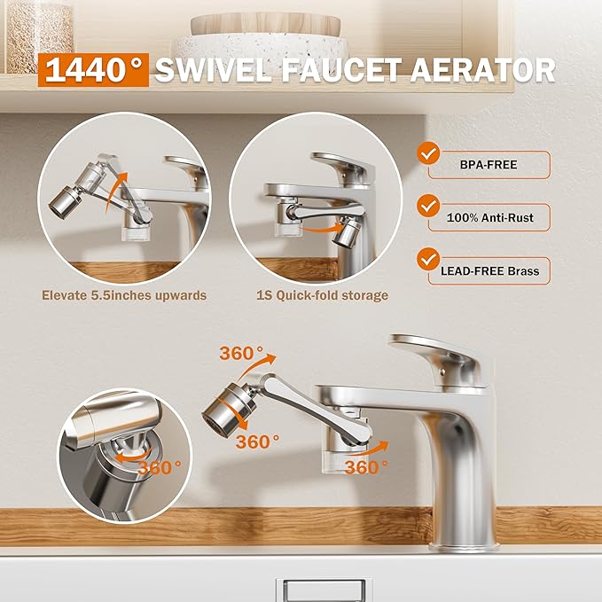 Frizzlife Splash-proof Sink Faucet Extender with Filter, Certified Reduce 99% Chlorine, 1440° Rotating Tap Aerator, 3 Modes Spray Attachment for kitchen/Bathroom/Toddlers, 8pcs Replacement Filter