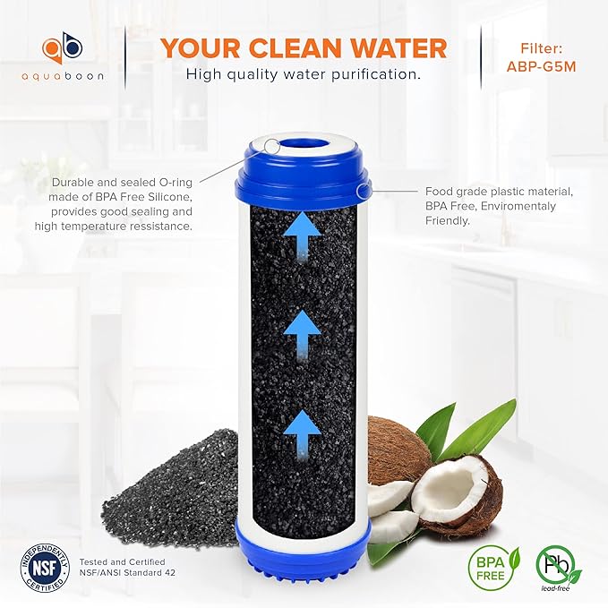 Aquaboon 5 Micron 10 x 2.5 Premium Granular Activated Carbon Water Filter Cartridge Replacement - GAC Filter Compatible with AP117, GAC-10, 6 Pack