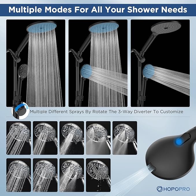 Dual Filtered Handheld Shower Heads Combo, HOPOPRO 15-Mode High Pressure Rainfall Showerheads Combo Set with Filter, for Hard Water, Removes Chlorine, Improves Skin Hair Condition, Matte Black