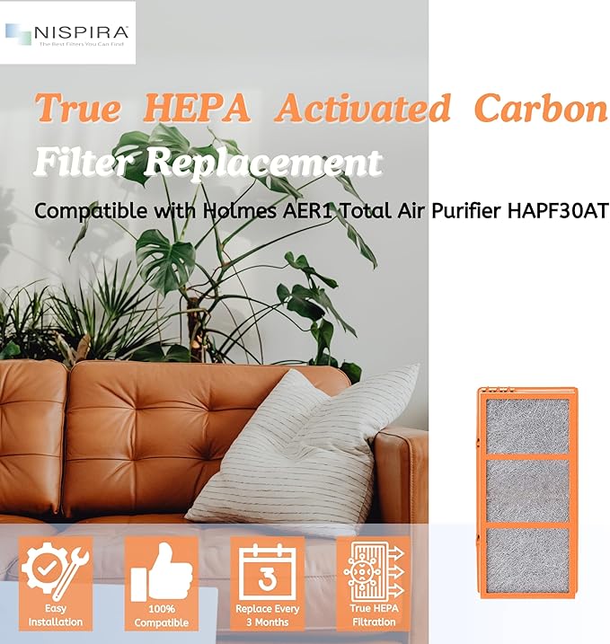 Nispira AER1 Filter Replacement for Holmes Air Purifier Smoke Grabber HAPF30AS-U4R HAPF30AT Odors Dust VOCs Remover 1.2 x 10 x 4.6 Inches, 4 Packs.