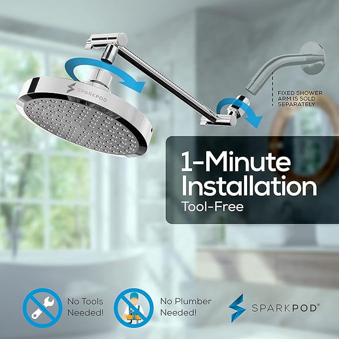 SparkPod Round Rain Shower Head with Extension Arm - Height Adjustable Shower Head with High Pressure Performance - Easy 1-Minute Installation (11" Arm Extension, Luxury Polished Chrome)