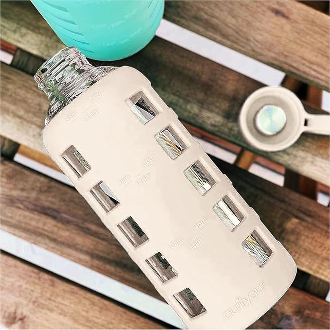 purifyou 40oz / 32oz / 22oz / 12oz Borosilicate Glass Water Bottle with Time & Volume Markers, Silicone Sleeve, Stainless Steel Lid | Reusable Glass Bottle for Water & Juice (22oz Pearled Ivory)