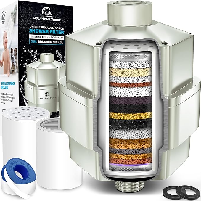 AquaHomeGroup 20 Stage Shower Head Filter for Hard Water - High Output Shower Filters to Remove Toxic Chemicals, Chlorine, Fluoride - Vitamin C Shower Filters for Hair & Skin (Brushed Nickel)