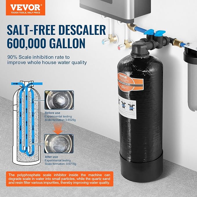VEVOR Whole House Salt Free Descaler, Water Filter for City Water, 600,000 Gallon Whole House Water Descaler for All Kinds of Plumbing Pipes, 1" NPT & 3/4" NPT, for 2-3 Person Family