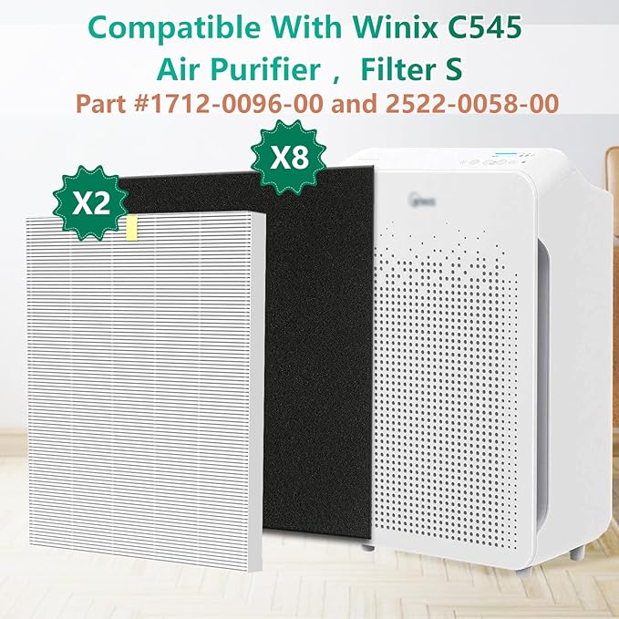 C545 Replacement Filter S Compatible with Winix C545 Air Purifier, Replaces Parts 1712-0096-00 and 2522-0058-00, 2 Pack H13 True HEPA Filter + 8 Activated Carbon Filters