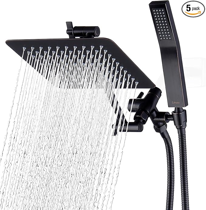 G-Promise All Metal 8 Inch Dual Square Shower Head with Handheld Combo, Rain Shower Head, Adjustable Extension Arm, 3-Way Diverter, 71 Inch Extra Long Hose - A Bathroom Upgrade (Oil Rubbed Bronze)