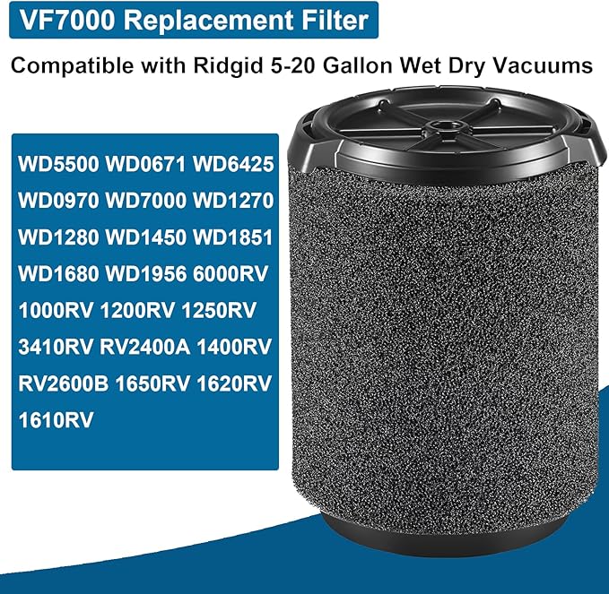 2 Pack VF7000 Replacement Filter for Ridgid Shop Vac, Compatible with Ridgid 5-20 Gallon and Husky 6-9 Gallon Wet/Dry Vacuum Cleaners Replacement Filters, Foam Wet Application Filter