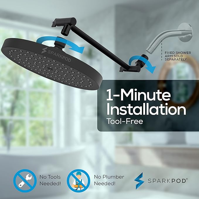 SparkPod Round Rain Shower Head with Shower Head Extension Arm - High Pressure Rain - Luxury Modern Look - No Hassle Tool-less 1-Min Installation (11" Shower Arm Extension, Midnight Black Matte)