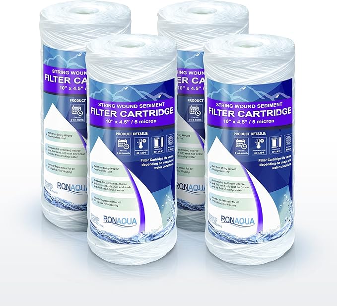 High Capacity Wound String 5 Micron Sediment Water Filter Cartridge 10” x 4.5” Removes Sand, Dirt, Silt, Rust, Extended Filter Life Compatible with 355215-45, 84637, PC10, WP1097P, WPX597P (4 Pack)