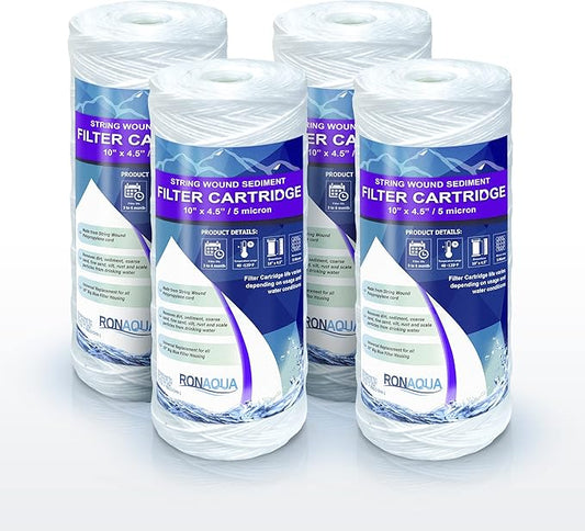 High Capacity Wound String 5 Micron Sediment Water Filter Cartridge 10” x 4.5” Removes Sand, Dirt, Silt, Rust, Extended Filter Life Compatible with 355215-45, 84637, PC10, WP1097P, WPX597P (4 Pack)