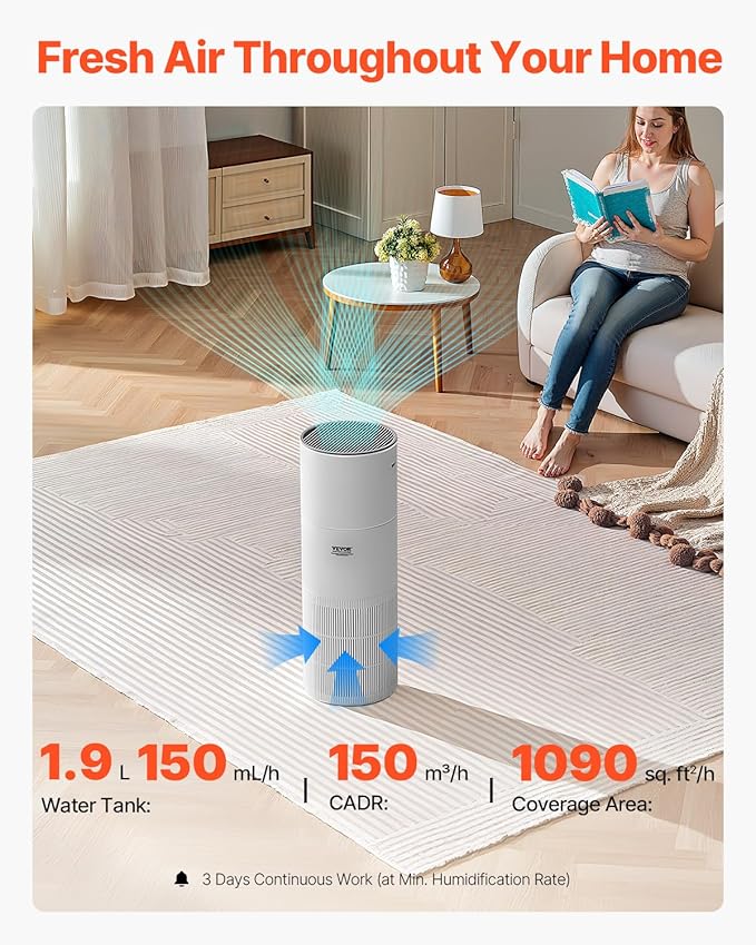 VEVOR 2 in 1 Air Purifier with Humidifier, Covers Up to 1090 ft² in One Hour, True HEPA 11 Filter, 22dB Quiet, Filters Up to 95% of Smoke, Dust, Pet Dander, Air Cleaner for Home, Large Room, Bedroom