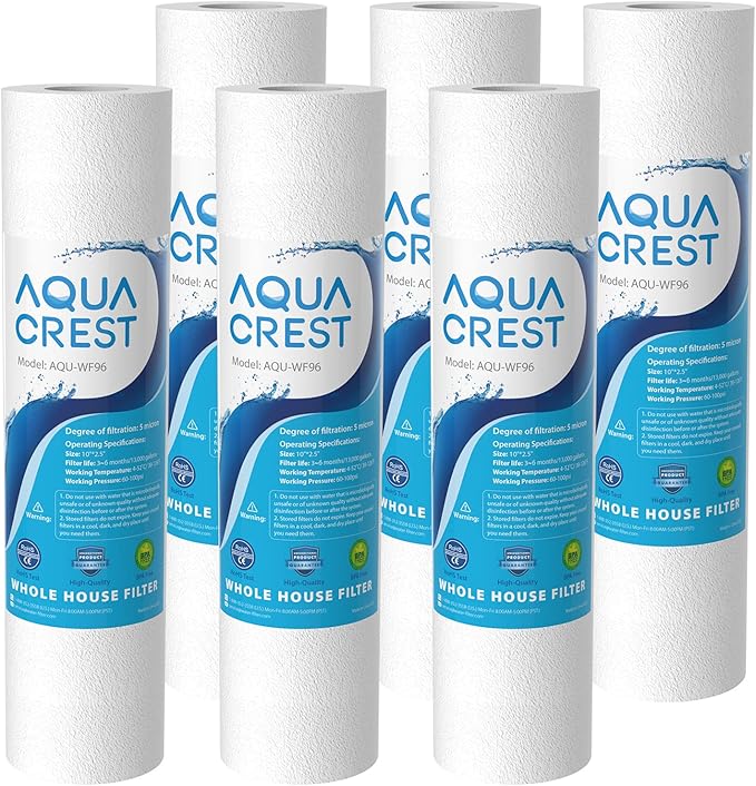 AQUA CREST AP110 Whole House Water Filter, Sediment Filter, 5 Micron, Replacement for 3M® Aqua-Pure AP110, Culligan® P5, APEC, GE FXUSC, Whirlpool®, Any 10" x 2.5" Home Water Filter, Pack of 6