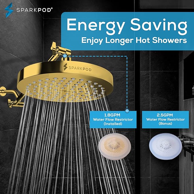 SparkPod Shower Head - High Pressure Rain - Premium Quality Luxury Design - 1-Min Install - Easy Clean Adjustable Replacement for Your Bathroom Shower Heads (Egyptian Gold, 8 Inch Round)