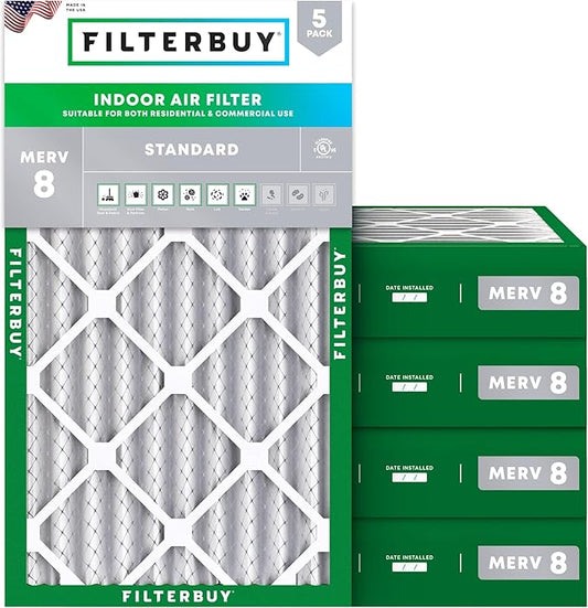 Filterbuy 16x25x4 Air Filter MERV 8 (MPR 700) Dust Defense Replacement (5-Pack), Electrostatic Pleated HVAC AC Furnace Filters, Made in USA (Actual Size: 15.50 x 24.50 x 3.63)