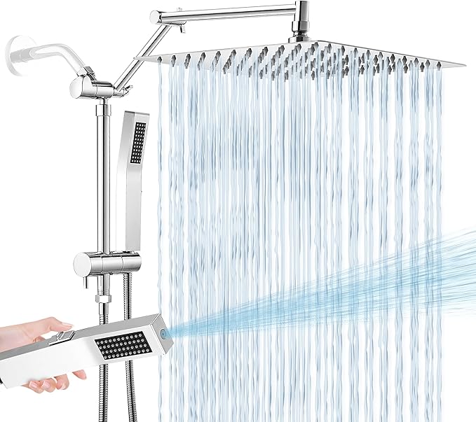 All Metal 12 Inch Rain Shower Head with Handheld Spray Combo, High Pressure Waterfall Rainfall Square Shower Heads with 16" Adjustable Extension Arm, Dual Showerhead with 3-Way Diverter, Chrome