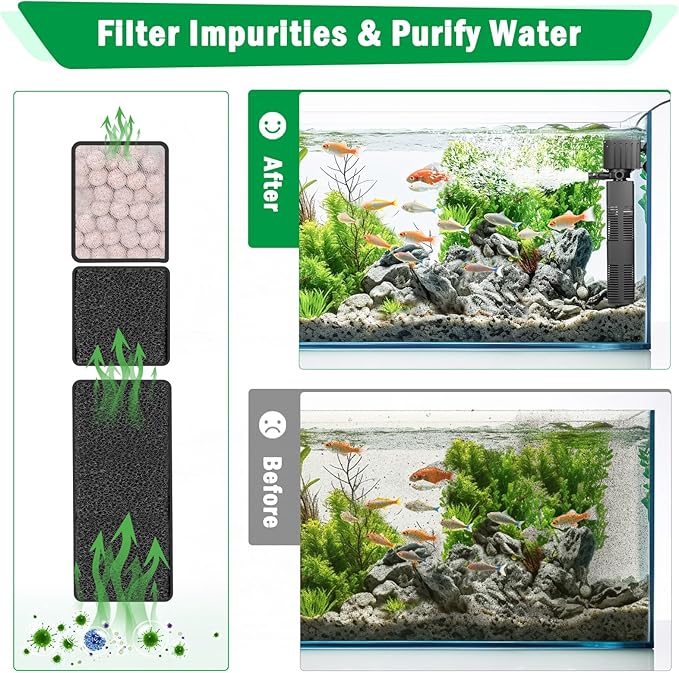 AQQA Aquarium Filter, 3-Stage Filtration, Adjustable Wave Maker & Oxygenator, Quiet 18W 164GPH Submersible Pump, Easy Clean Sponge Filter, for 50 Gallon Freshwater Saltwater Fish Tank 110V/60Hz