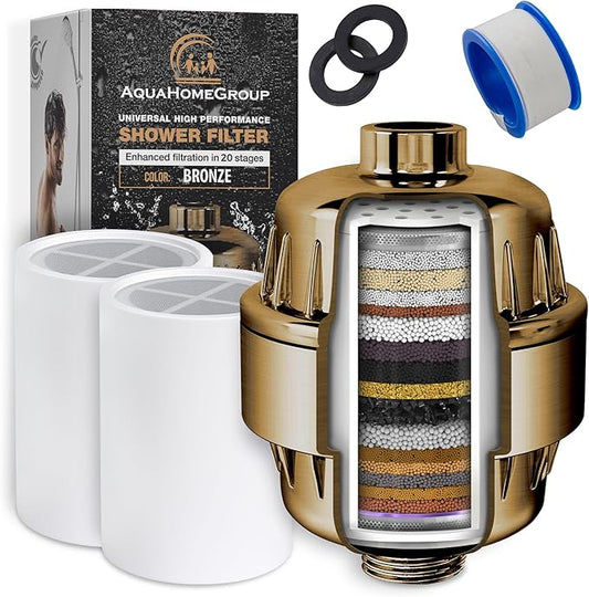 AquaHomeGroup 20 Stage Shower Filter for Hard Water - 2.5 GPM Universal Shower Head Filter for Chlorine, Fluoride, Heavy Metals - Vitamin C E Shower Water Filter for Hair and Skin (Golden)