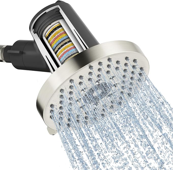 SR SUN RISE Filtered Shower Head with Filters- High Pressure Rain Shower Head,with 20-Stage shower Filter,6 Spray Modes for Hard Water Softener, Remove Chlorine (Brushed Nickel,5.5 Inch Round)