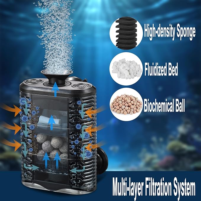 Carefree Fish Aquarium Small Sponge Filter Air-Operated Quiet for 3~10Gal Fish Tank for Saltwater and Freshwater with 3Ft Tubing Biochemical Filtration Balls and Fluidized Beds(Not Include Air Pump)