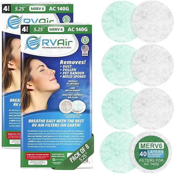 AC Filter - Air Conditioner Replacement Filters - RV Air Cleaner - Camper Accessories for Travel Trailers - Easy to Install Vent Filter - 5.25 round x 0.75 in (8 Filters for AC 140G)