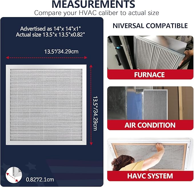 14x14x1 Electrostatic Air Filter, 8 Stage Washable Aluminum AC/HVAC Furnace Filter, Reusable Lifetime Permanent Air Filter, Easy to Clean,Increases Airflow(Actual Size:13.50x13.50x0.82)