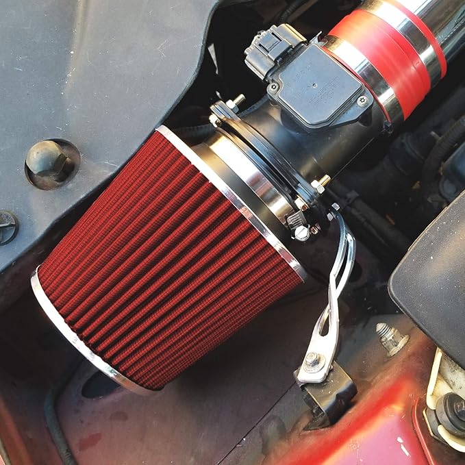 Mortar Aftermarket Auto Air Filter - Car Enthusiast Class Universal Cold Air Intake Gulps in More Air for More Engine Power & Passionate Induction Sound, 8-In-Long, Flange ID 3.5 In, Red