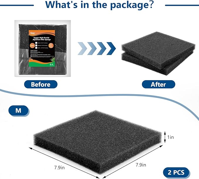 hygger Aquarium Sponge Filter Pad, Filter Media Foam Sponges, Cut-to-Size Open Cell Foam Sheet for Fish Tanks and Ponds, M (2 Pack 7.9 * 7.9 * 1 inch)