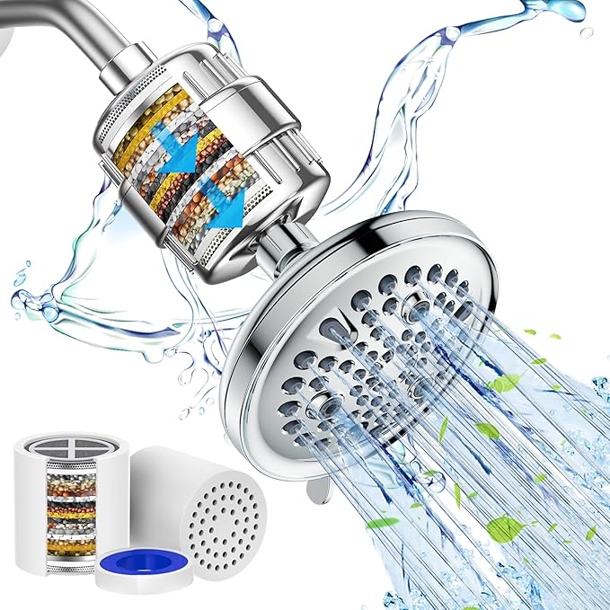 Filtered Shower Head with 9 Spray Settings for Hard Water, High Pressure Fixed Shower Head with 20 Stage Shower Filter, Include 2 Replaceable Shower Filter, Chrome