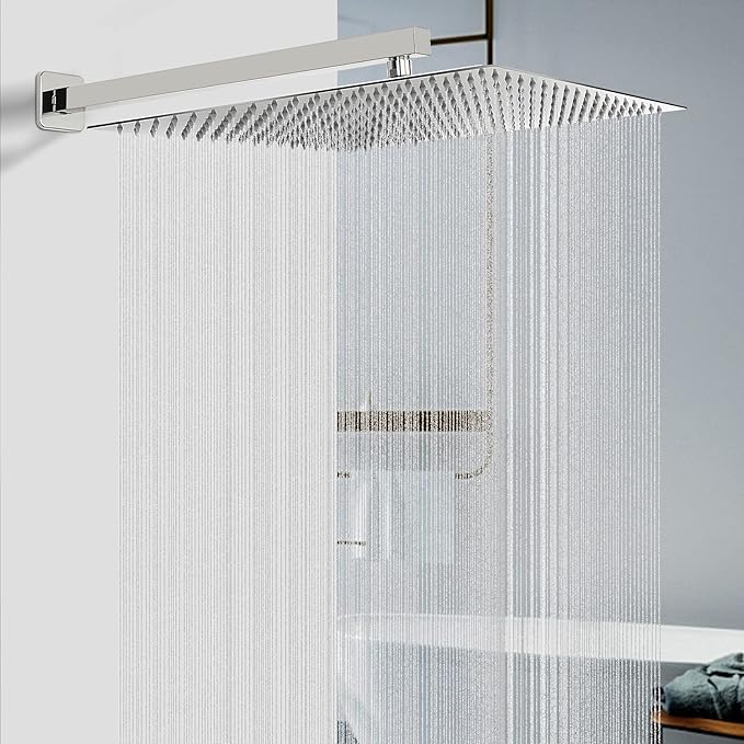 HarJue Shower Head with Extension Arm, High Pressure Square with ShowerArm, Stainless Steel Rainfall-Waterfall Full Body Coverage (16'' Shower with 20'' Arm, Chrome)