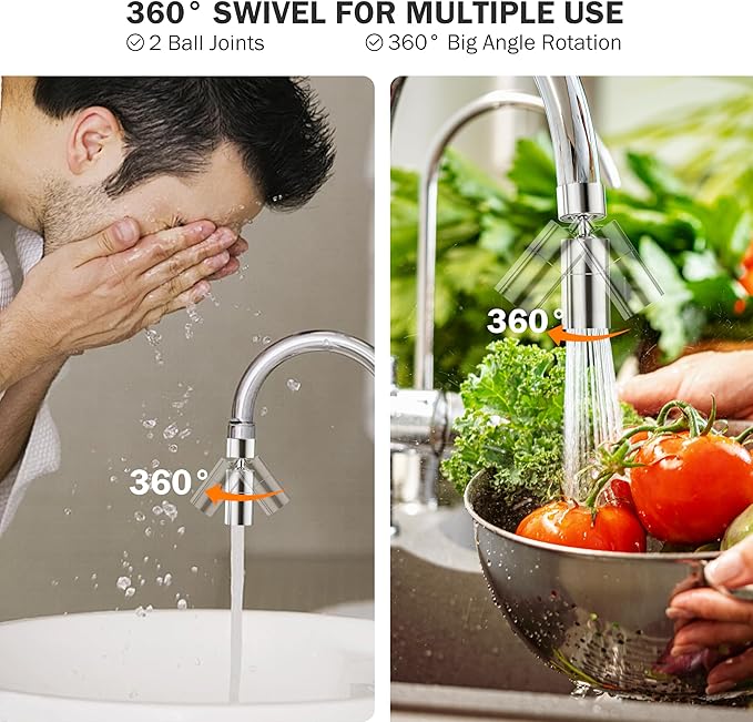 Frizzlife 360° Swivel Faucet Aerator Sink Extender, 3-Mode Sprayer Water Filter Extension Replacement, Universal Big Angle Tap Head Attachment for Kitchen/Bathroom & Washing Hair/Face/Toddlers Use