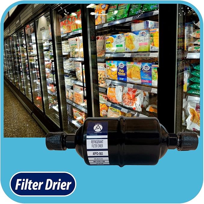 Appli Parts APFD-083 3/8 in Liquid Line Refrigerant AC Filter Drier hvac Refrigeration 083 SAE Flare connection universal unidirectional 6-1/2 in long 2 in wide